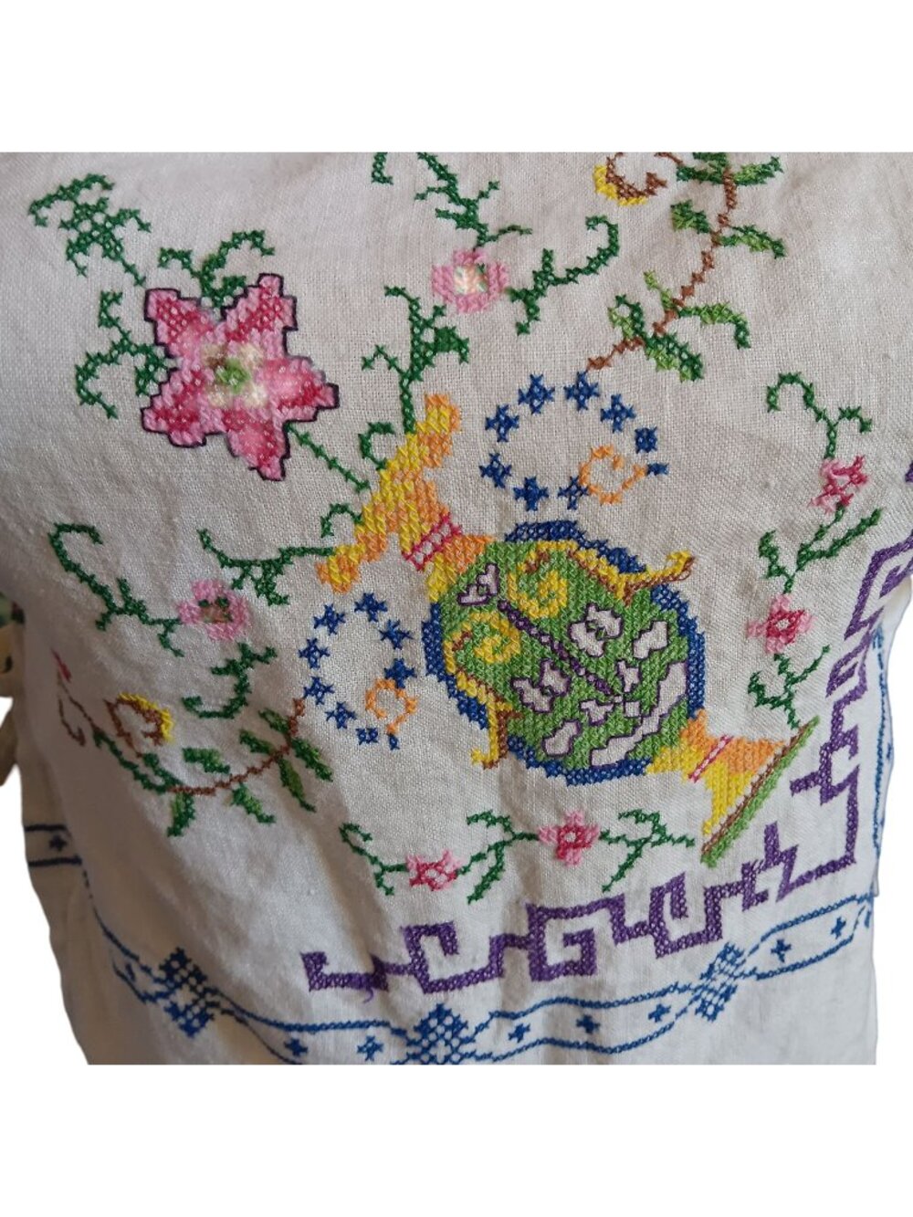 Vintage Women's Top Hand-Embroidered Sleeveless Blouse Crosstitch Peasant Hippy